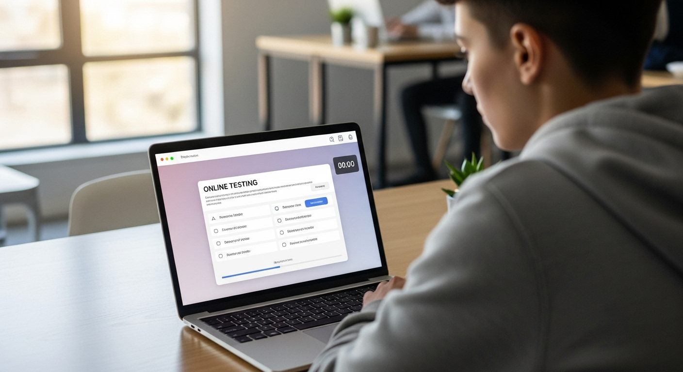 Online computer-based test system interface on a laptop.